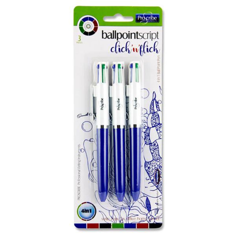 Pro:Scribe 4-in-1 Ballpoint Pens - Blue - Pack of 3