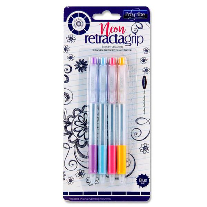 Pro:Scribe Rectagrip Ballpoint Pens - Blue Ink - Neon - Pack of 4